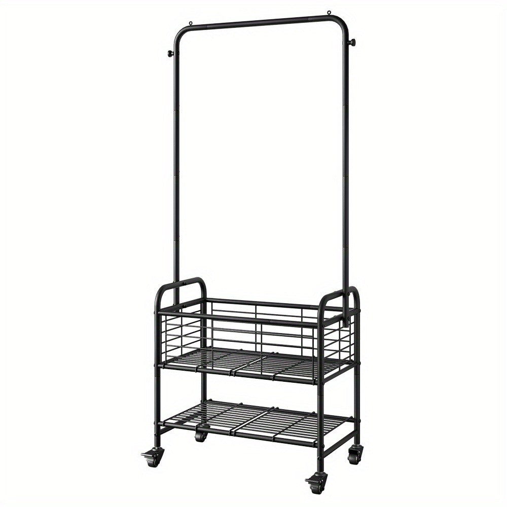 Rolling Laundry Basket Cart with 70.25-Inch Hanging Rail, Two Shelves, Four Casters and White, Black or Silver Frames