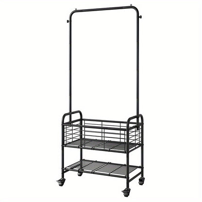 Rolling Laundry Basket Cart with 70.25-Inch Hanging Rail, Two Shelves, Four Casters and White, Black or Silver Frames
