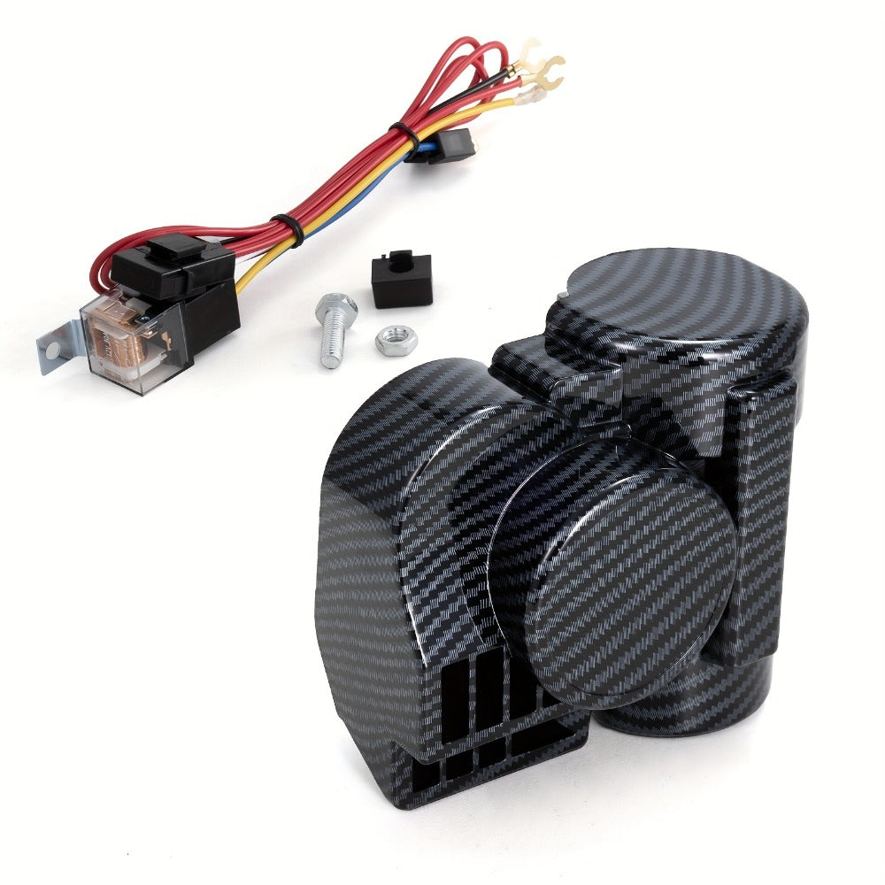 12V Air Horn Super Loud Train Sound for Car Truck Motorcycle Boat SUV Universal Fit Compressor Kit with Relay Harness & Horn Cover - Black & Silver