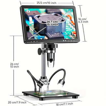 DM12 10.1-Inch IPS Digital Microscope with Dual Side Lights and Extended Stand for Coin and Circuit Board Inspection