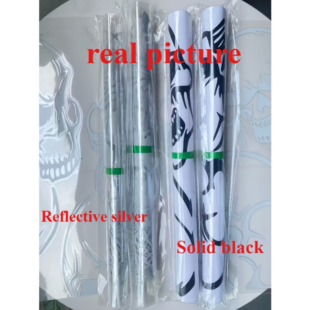 Car Window Decal Gothic Skull 2PCS Reflective Silver UV-Resistant Vinyl | Skeleton Sticker Full Cover Halloween Car Decoration Small 17x11in Large 21.6x17.7in Laptop Mirror Auto Styling