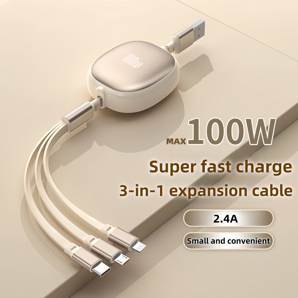 1.2m Retractable Charging Cable with Type-C, Micro USB and Lightning Ends in Six Color Options