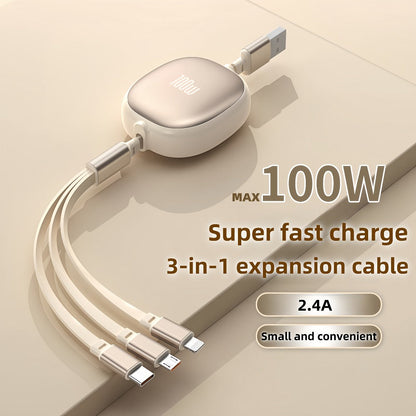 1.2m Retractable Charging Cable with Type-C, Micro USB and Lightning Ends in Six Color Options