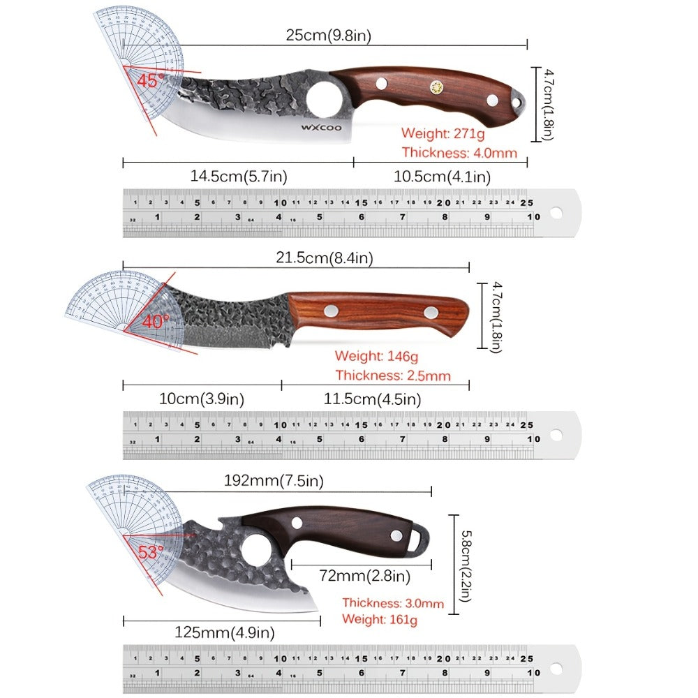 Kitchen Chef Knife Set 3 Piece Stainless Steel - Sharp Boning Knife, Utility Knife & BBQ Knife with Hammered Blade