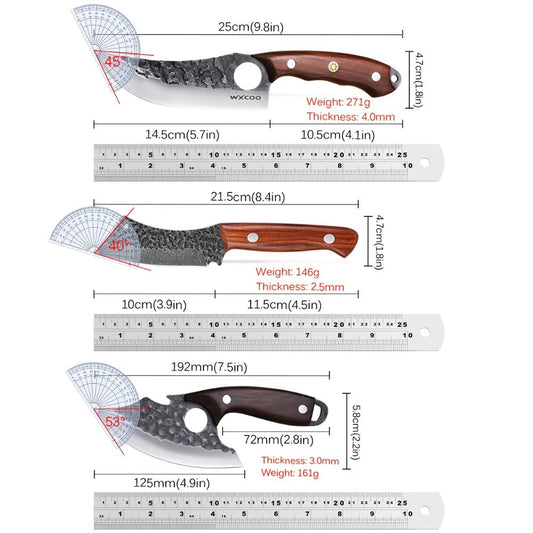 Kitchen Chef Knife Set 3 Piece Stainless Steel - Sharp Boning Knife, Utility Knife & BBQ Knife with Hammered Blade, Wood Handle, Full Tang, Multipurpose Cooking Knives for Meat Vegetables