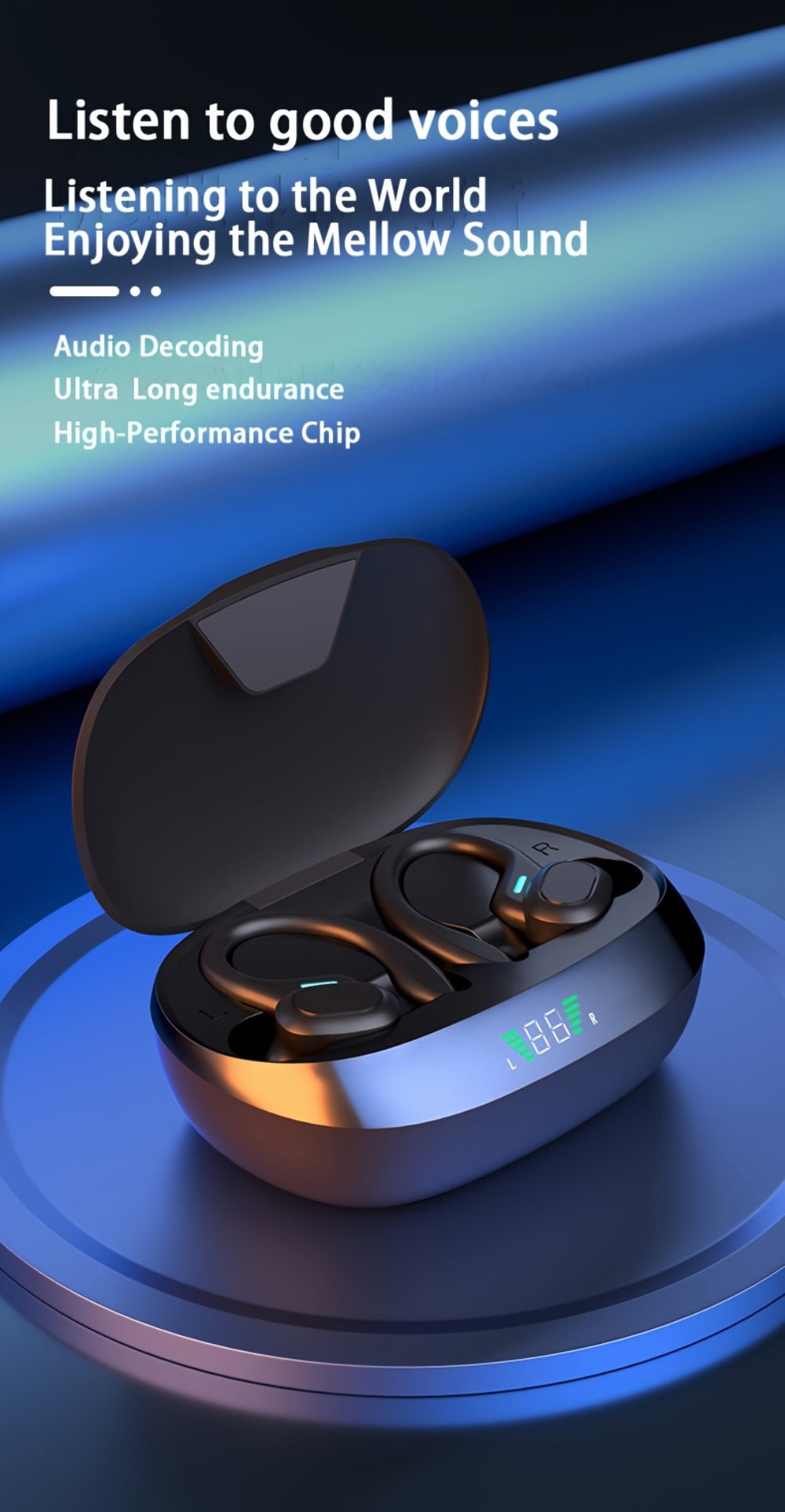 Wireless Earbuds Bluetooth 5.4 Open-Ear Sport Hooks with 24-Hour Playtime and LED Case for Running