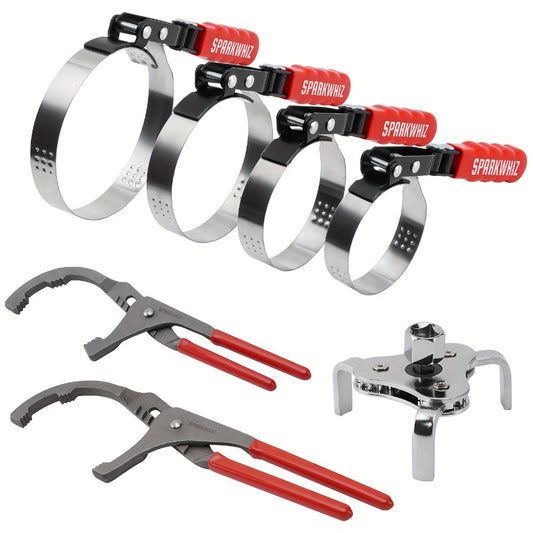Oil Filter Removal Tool Kit 7-Piece Adjustable 3-Jaw Wrench 9" 12" Oil Filter Pliers Anti-Slip PVC Handle Fits 2-3/4" to 5-1/4" Filters with Funnel