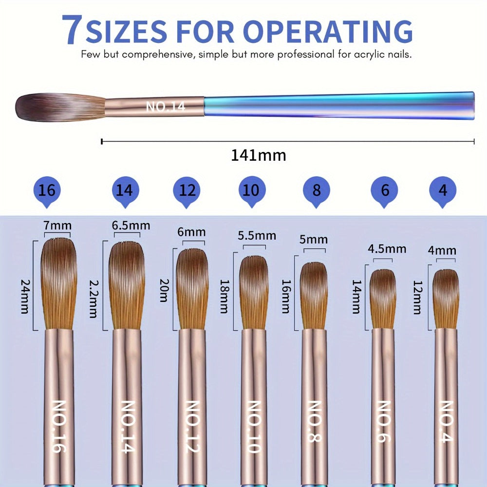 Seven-Piece Nail Art Brush Set with Aurora Blue Handles for Painting, Lining, Dotting and Sculpting
