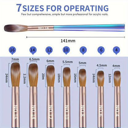 Seven-Piece Nail Art Brush Set with Aurora Blue Handles for Painting, Lining, Dotting and Sculpting