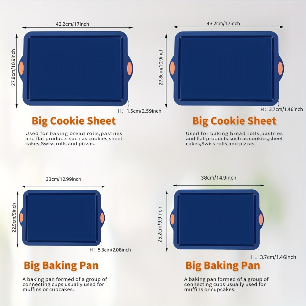 Silicone Baking Pans Set 4-Piece – Nonstick Bakeware with Metal Reinforced Frame, Includes Baking Sheet, Cookie Sheet & Cake Pan with Grips, Oven Safe, Easy Release – Navy Blue & Light Gray