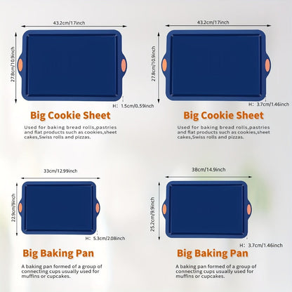 Silicone Baking Pans Set 4-Piece – Nonstick Bakeware with Metal Reinforced Frame, Includes Baking Sheet, Cookie Sheet & Cake Pan with Grips, Oven Safe, Easy Release – Navy Blue & Light Gray