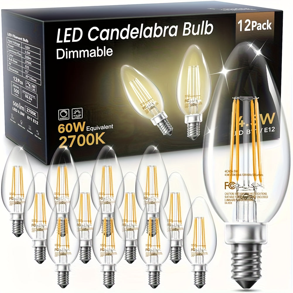 LED Candle Light Bulbs E12 Base B11 Dimmable 2700K Warm White 500 Lumens Clear Glass Vintage Filament Bulb for Chandelier Ceiling Fan Dining Room Living Room Bedroom Kitchen 12 Pack 24 Pack