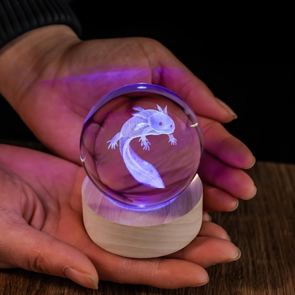 Night Light 2.36-Inch Axolotl Crystal Orb Lamp with Color-Changing LED, USB Power and Wood-Tone Round Base