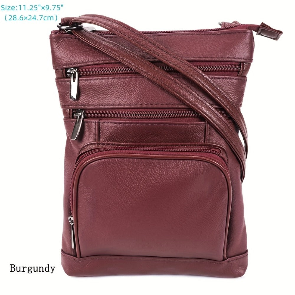 Genuine Leather Shoulder Bag for Women Men Soft First-Layer Cowhide Crossbody Bag Multi-Pocket Messenger Bag 3 Sizes Fits Smartphone Tablet Daily Work Travel – Black Red Brown Navy
