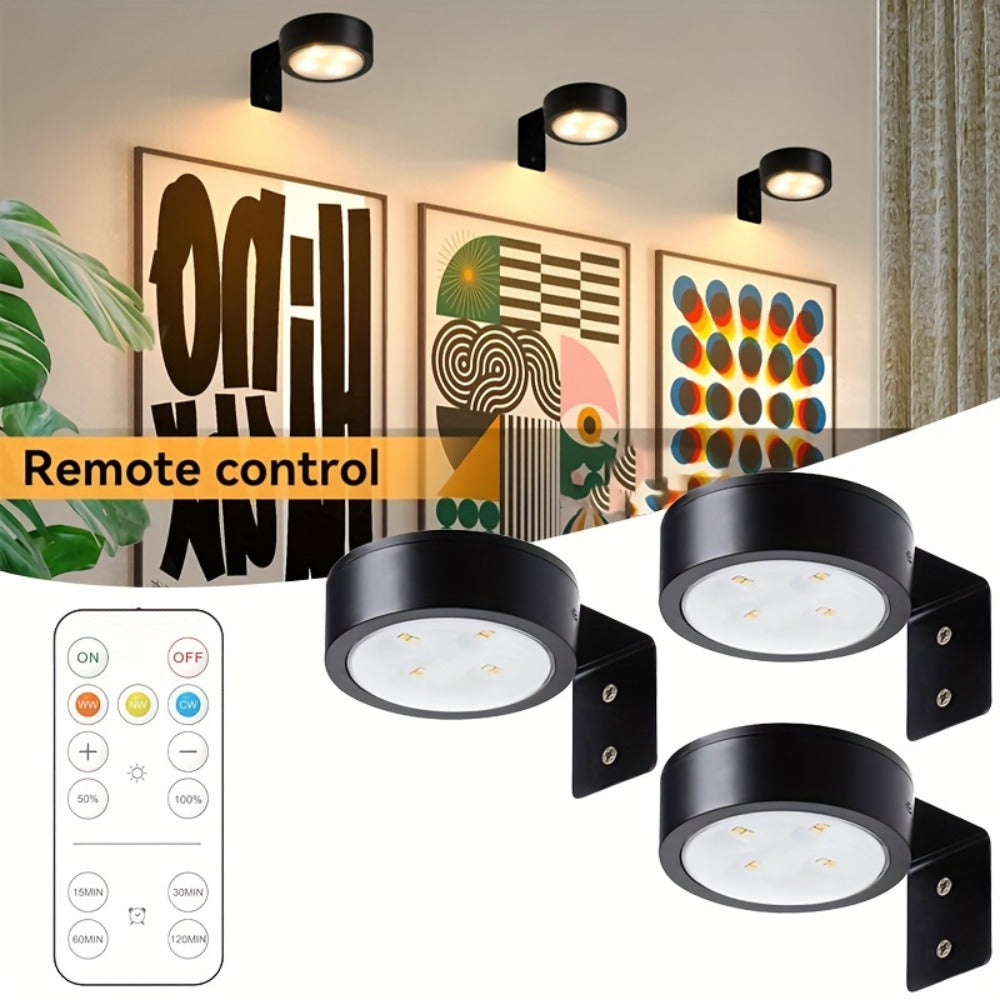 Three-Pack Battery-Operated Picture Lights with Magnetic Mounts, Remote Control and Timer Settings