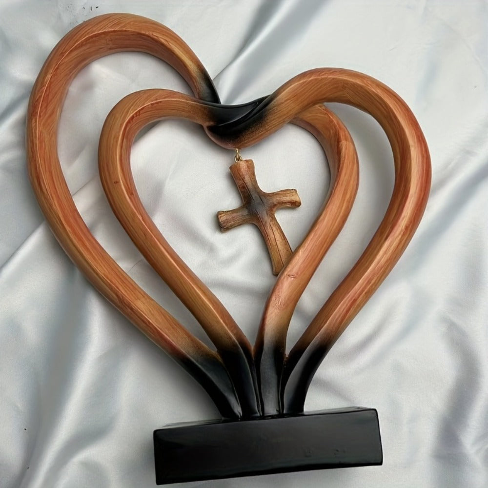 Resin Cross Ornament Wood Grain Love Design – Modern Decorative Cross Statue for Home Office Desktop, Mother's Day Valentine's Day Gift, Tabletop Spiritual Decor Figurine