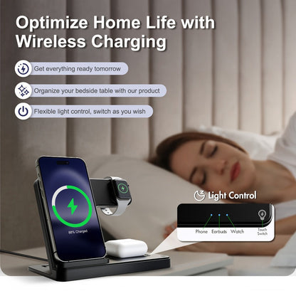 Foldable 3-in-1 Wireless Charging Station with LED Indicator & Anti-Slip Fast Charge for iPhone 17 16 15 14 13 12 11 Pro Max XR XS, Apple Watch Ultra Series 11 10 9 8 7 6 5 SE, AirPods 4 3 2 Pro & Samsung Galaxy – Black White, With/Without Adapter