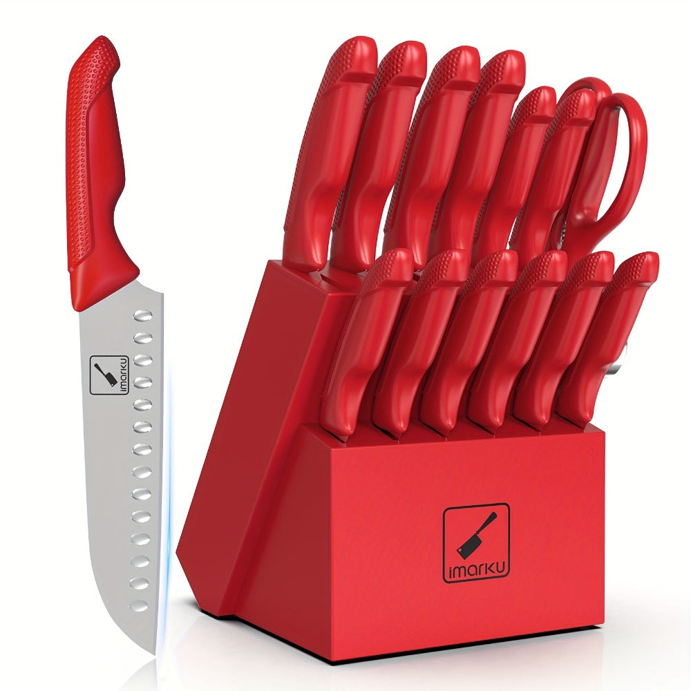 14-Piece Kitchen Knife Set with Japanese 420 Stainless Steel Label, Red Handles, Scissors and Sharpening Block