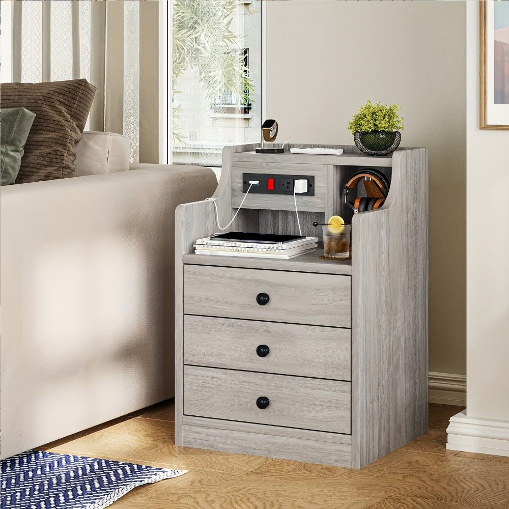 Nightstand 3-Drawer Hutch with Two AC Outlets, Two USB Ports and Gray or White Bedroom Finish