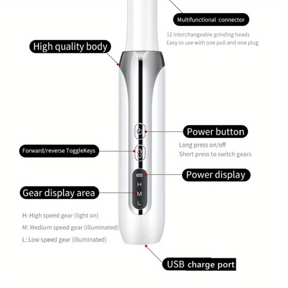 Electric Nail Drill Cordless USB Rechargeable Pen with Bit and Sanding Band Set in Gold or White