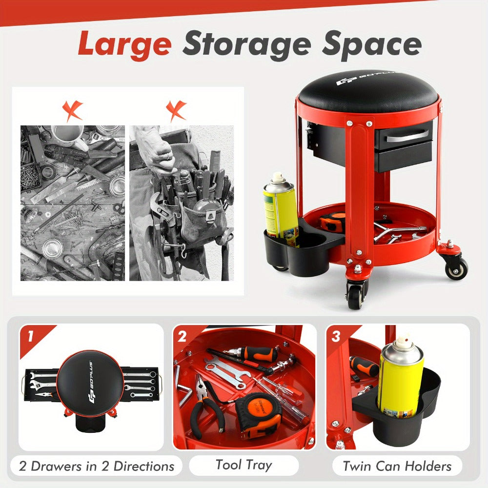 Rolling Workshop Stool with Drawers – 330 lb Mechanic Seat with 2 Storage Drawers, Cup Holders, Tool Tray, Removable Cushion & 4 Swivel Casters for Garage Auto Repair (Black/Red)