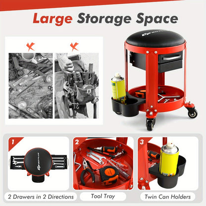 Rolling Workshop Stool with Drawers – 330 lb Mechanic Seat with 2 Storage Drawers, Cup Holders, Tool Tray, Removable Cushion & 4 Swivel Casters for Garage Auto Repair (Black/Red)