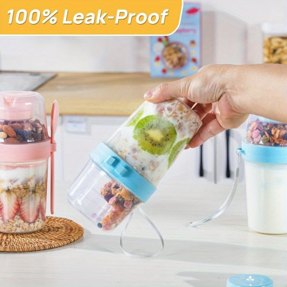 Four-Pack 27 oz Yogurt Parfait Cups with Spoons, Leak-Resistant Lids and Separate Topping Compartments