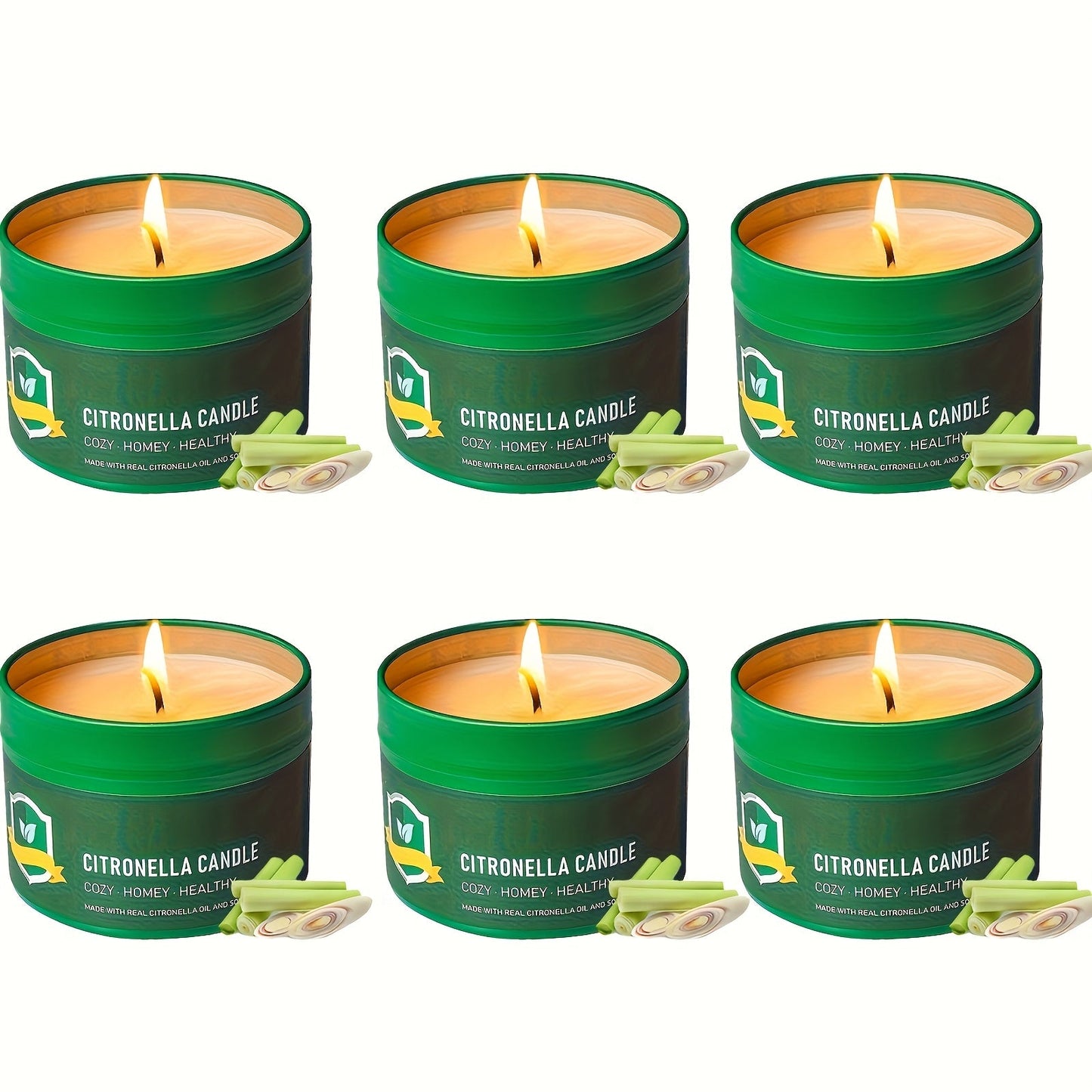 Citronella-Labeled Candle Six-Pack with 4.4 oz Green Round Tins, Gold-Tone Lids and Single-Wick Format