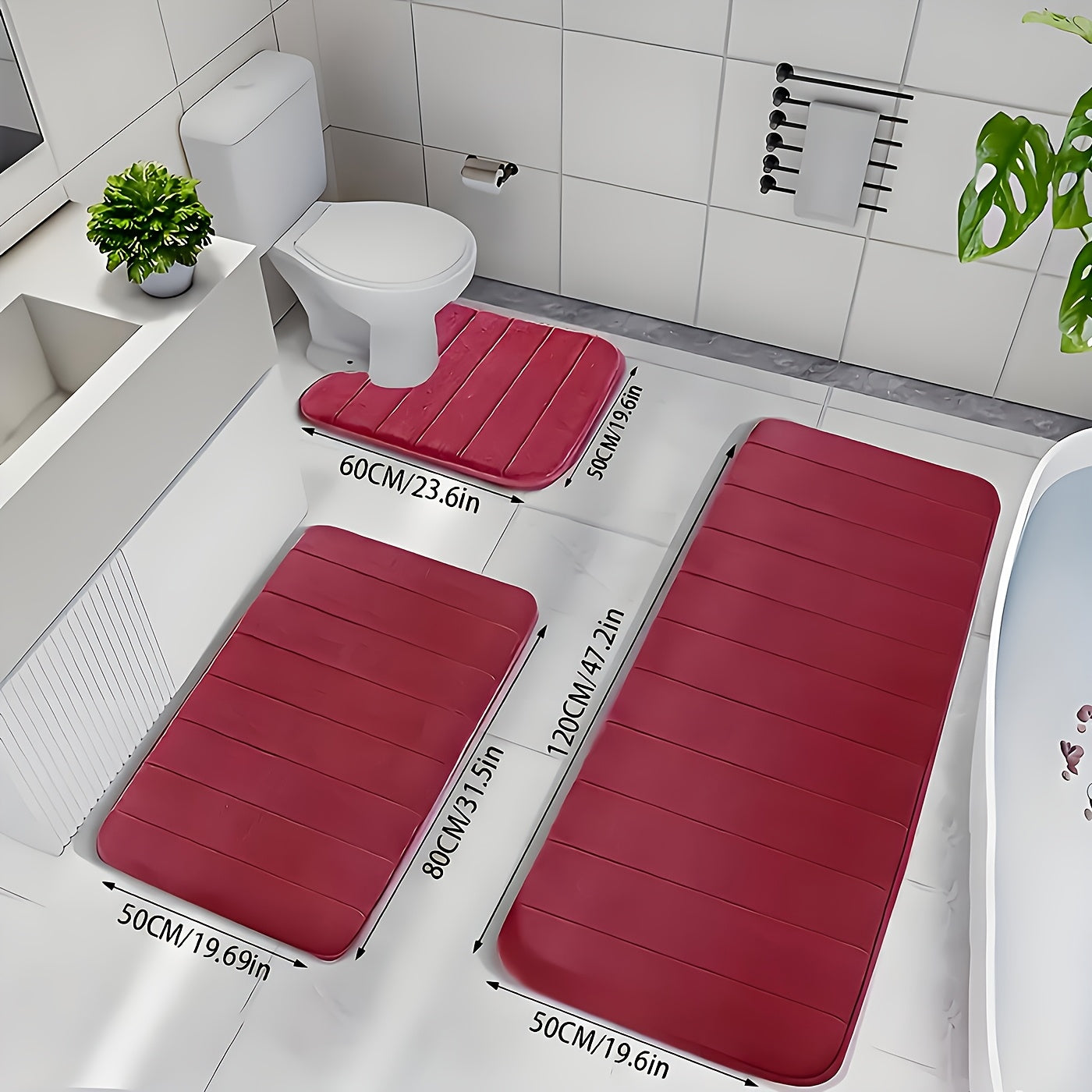 Channel-Stitched Three-Piece Padded Bath Mat Set with Long Runner and Two Matching Rugs in Nine Solid Colors