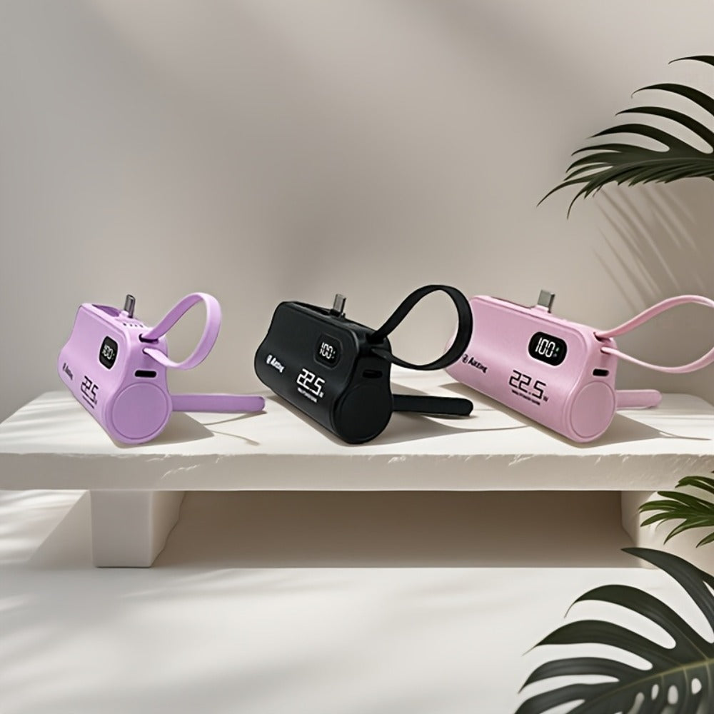 Mini Capsule Power Bank 5000mAh 22.5W Fast Charging Portable Charger Dual USB-C USB-A Pocket Sized for iPhone Android Samsung Travel Everyday Carry Black Pink Purple