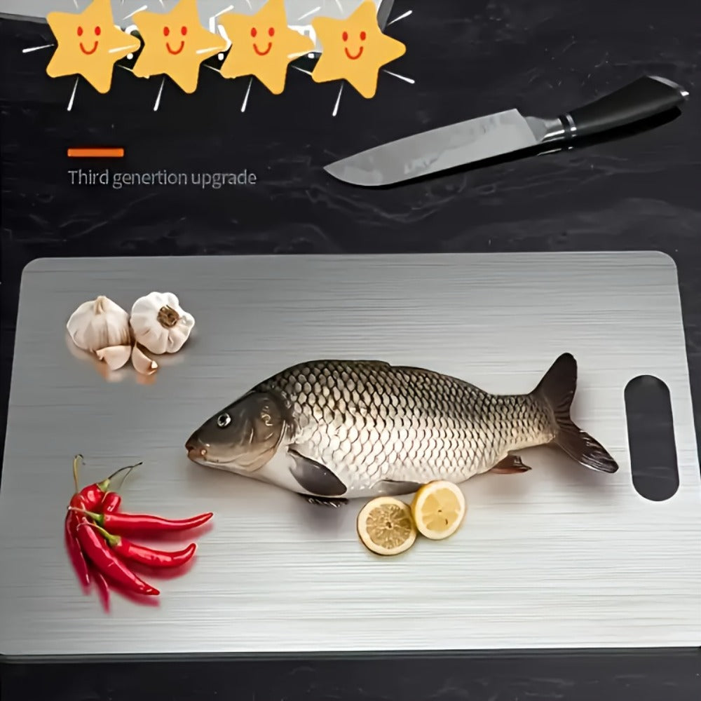 Cutting Board Three-Piece Stainless Steel Set with Rounded Corners, Carry Handles and Three Sizes