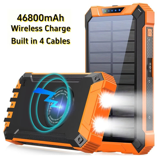 Solar Power Bank 46800mAh Wireless Charging 4 Built-in Cables Dual LED Flashlight 15W Fast Charge Outdoor Camping Hiking Emergency Battery Pack iPhone Android Red Green Blue Black Orange