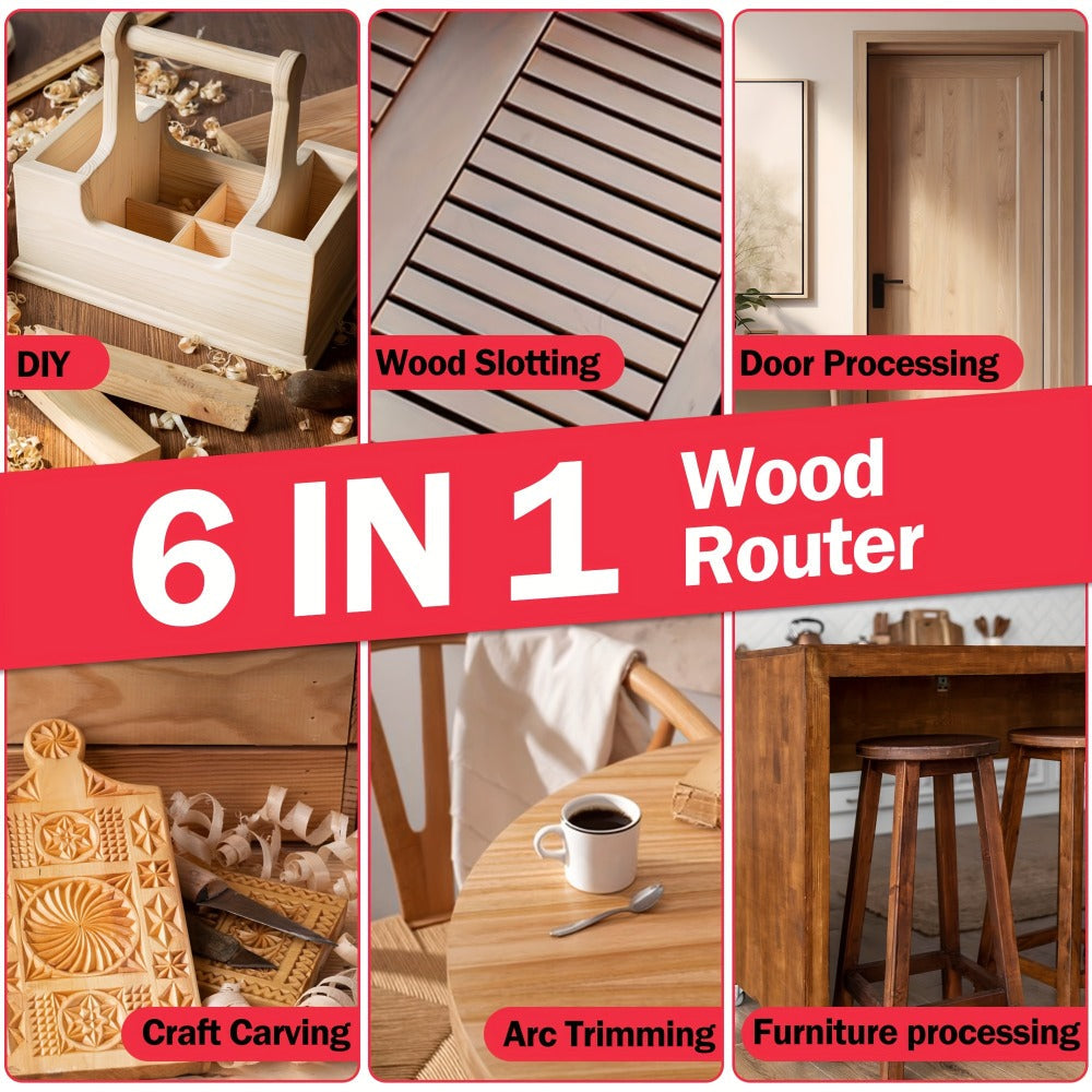 Compact 800W Wood Router Kit in Red or Blue with 15-Piece 1/4-Inch Bit Set and Guide Accessories