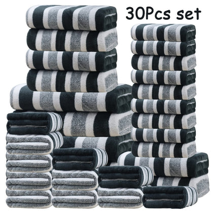 Thirty-Piece Striped Bath Towel Set with Bath, Hand and Washcloth Sizes in Ten Color Checkouts