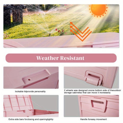 75-Gallon Outdoor Deck Storage Box with Hinged Lid, Side Handles and Pink or Green Options