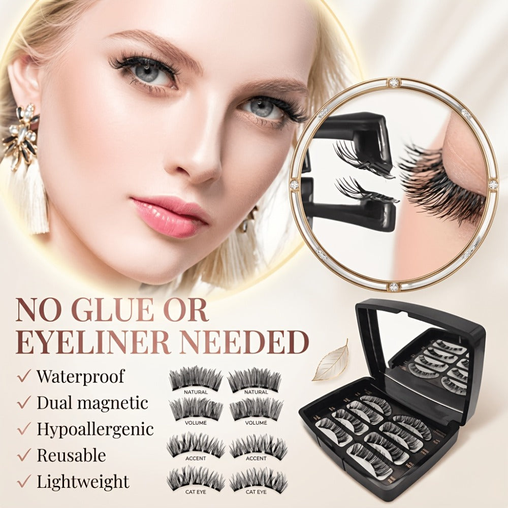 Reusable Magnetic False Lashes 8Pcs No Glue Double Strip Set with Applicator & Tweezers – Natural Everyday Makeup Look for Women, Daily Wear, Parties, Travel & Mom Gift