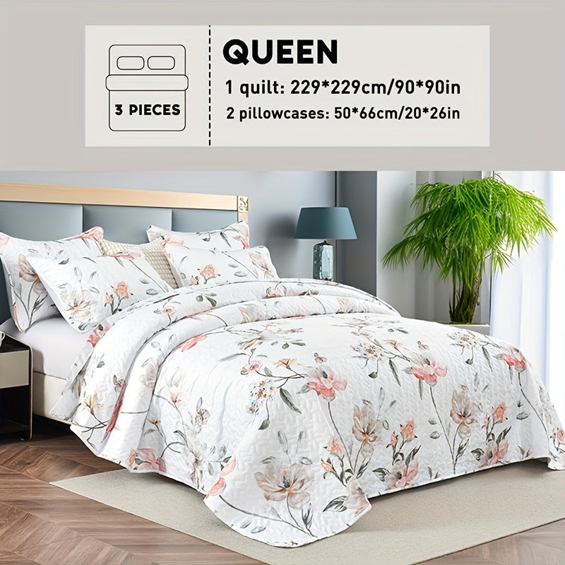 Reversible Botanical Microfiber Quilt Set with Pillow Shams, Five Patterns and Twin, Full/Queen or King Sizes