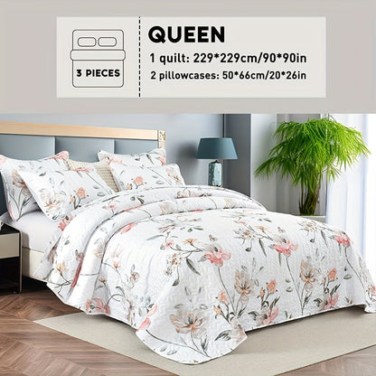 Reversible Botanical Microfiber Quilt Set with Pillow Shams, Five Patterns and Twin, Full/Queen or King Sizes