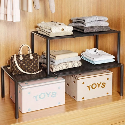 Expandable Storage Rack with Retractable Metal Shelf, Stackable Layout and Black Black Version