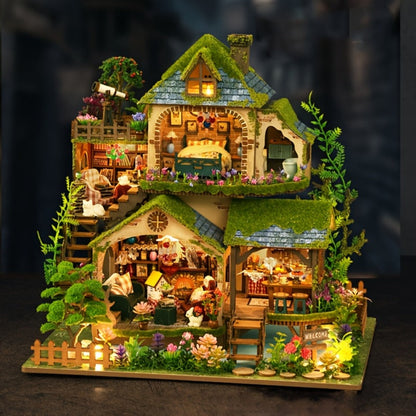 Wooden Forest Hut Miniature Model Kit with Multi-Level Cabin Scene, Lighting Details and Forest Adventures Label