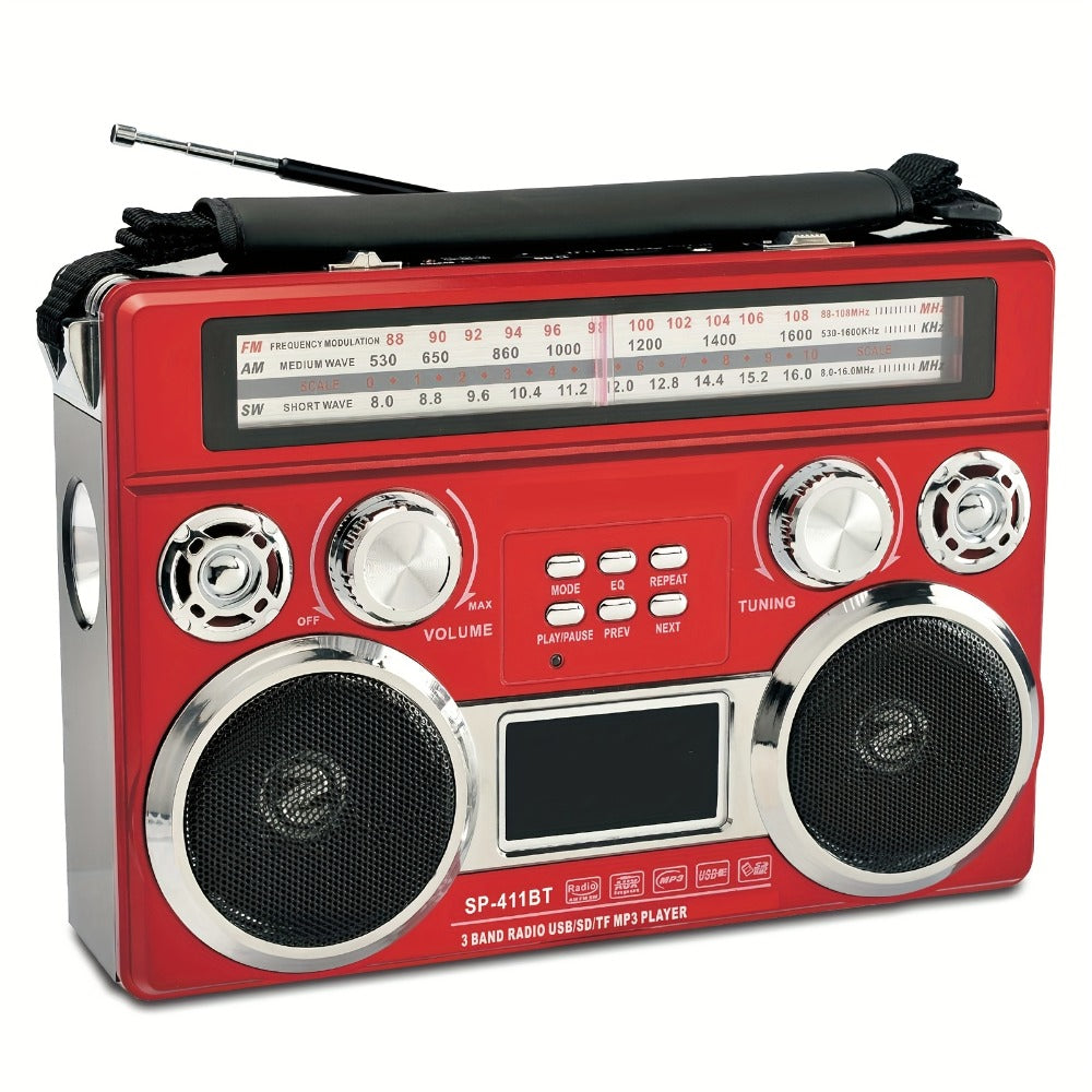 Solar Powered Bluetooth Radio Retro Portable AM FM SW with LED Flashlight, TF SD USB AUX MP3 Playback, Telescopic Antenna & Leather Handle for Camping Emergency Outdoor