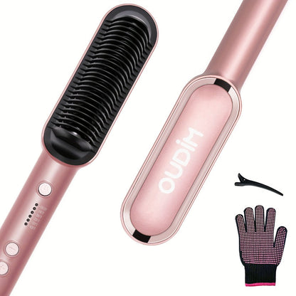 Ionic Hair Straightener Brush Anti-Scald – Precise Temperature Control Auto Shut-Off Straightening Comb Flat Iron for Women All Hair Types – Rose Gold, Black, Gift for Her