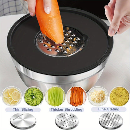 8PCS/Set-Labeled Mixing Bowl Set with Black Lids, Nested Bowls and Three Removable Grater Inserts