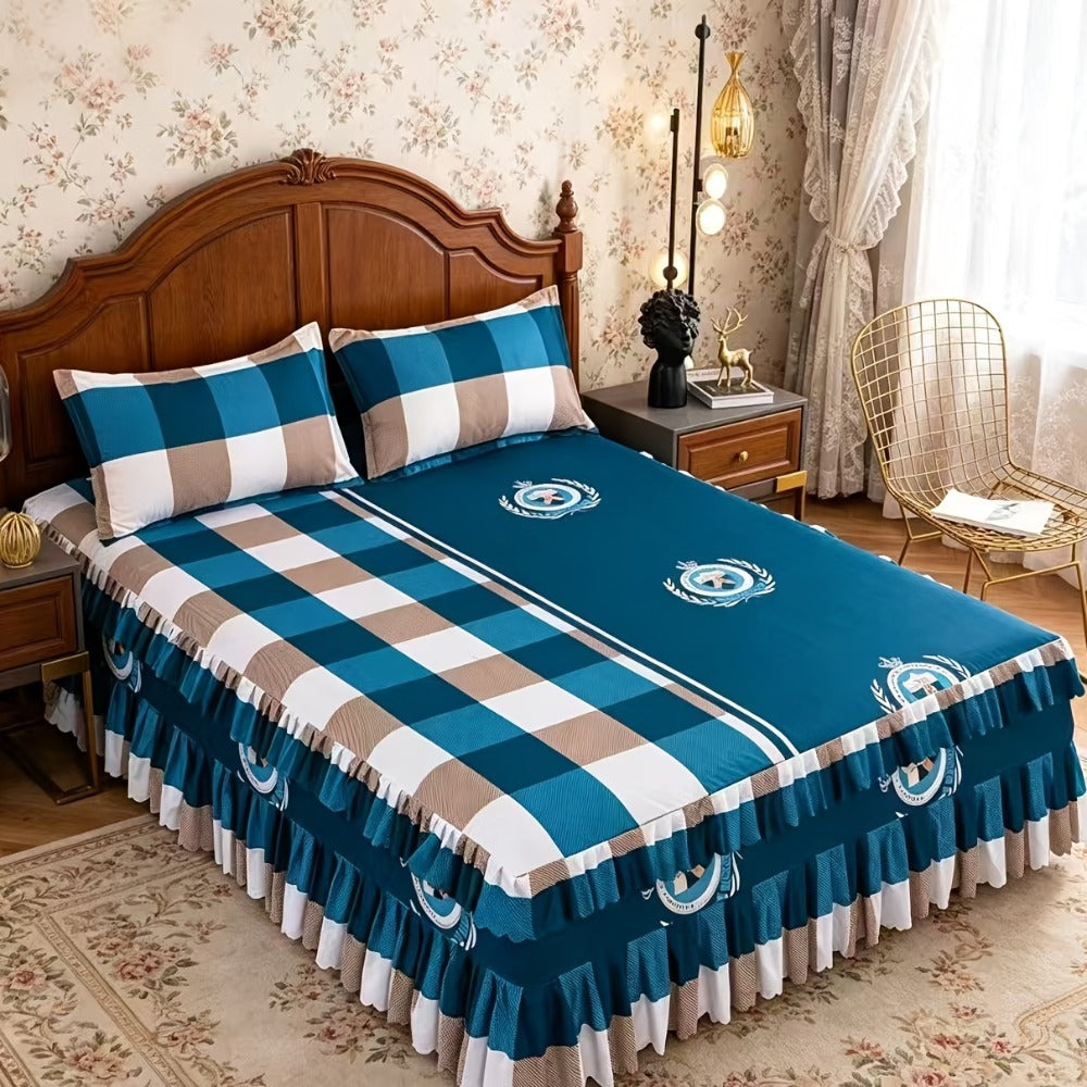 Three-Piece Floral Ruffle Bed Skirt Set with Two Pillowcases in Five Designs and Three Bed Sizes