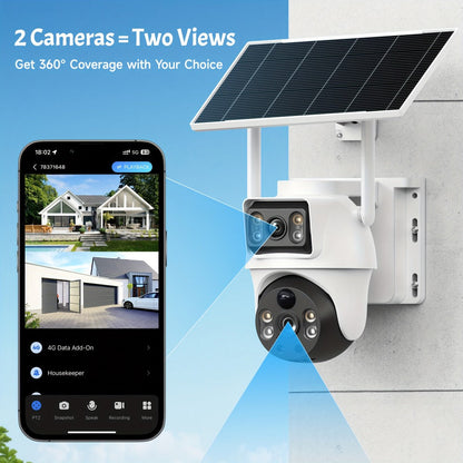 Dual-Lens Solar WiFi Security Camera with Pan-Tilt View, PIR Motion, Spotlight, Siren and Two-Way Audio