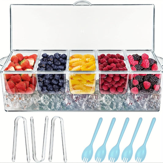 Condiment Caddy with Lid 5 Compartments Clear Serving Tray Bar Fruit Caddy Ice Tray Party Toppings Container Garnish Station