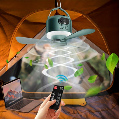 Portable Camping Ceiling Fan 10400mAh USB Rechargeable Remote Control 4-Speed Mute Fan Lamp with Phone Charging for Outdoor Tent Dorm Home White Dark Green