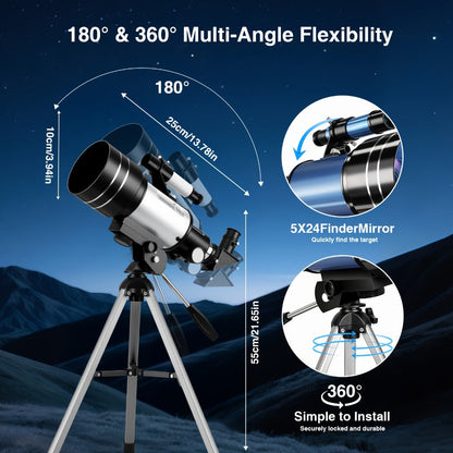 Portable 70 mm Aperture Telescope with Blue or White TS-70300 Models, Tripod, Phone Holder and Eyepieces