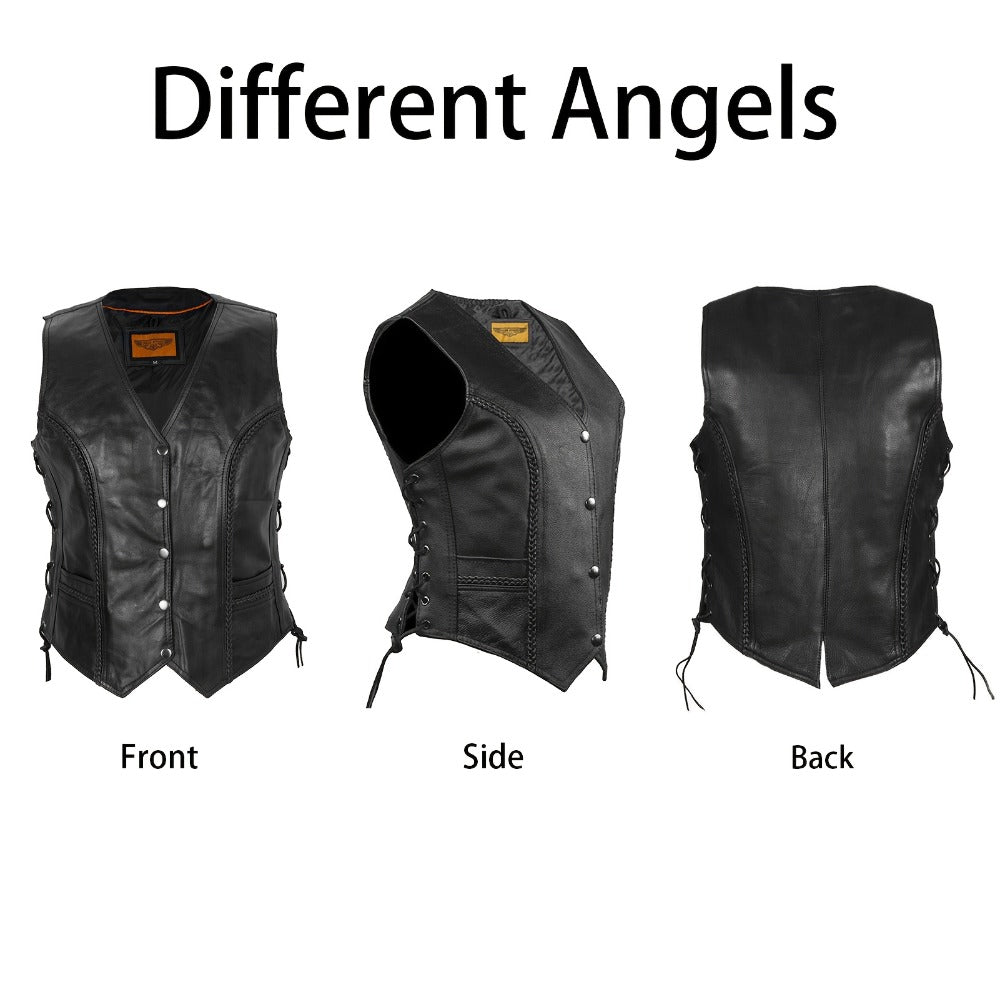 Women's Leather Motorcycle Vest – Concealed Carry Pockets, Lace-Up Sides, Metal Eyelet Accents, Adjustable Straps, Edgy Biker Style, Black, Sizes XS to XXXXXL