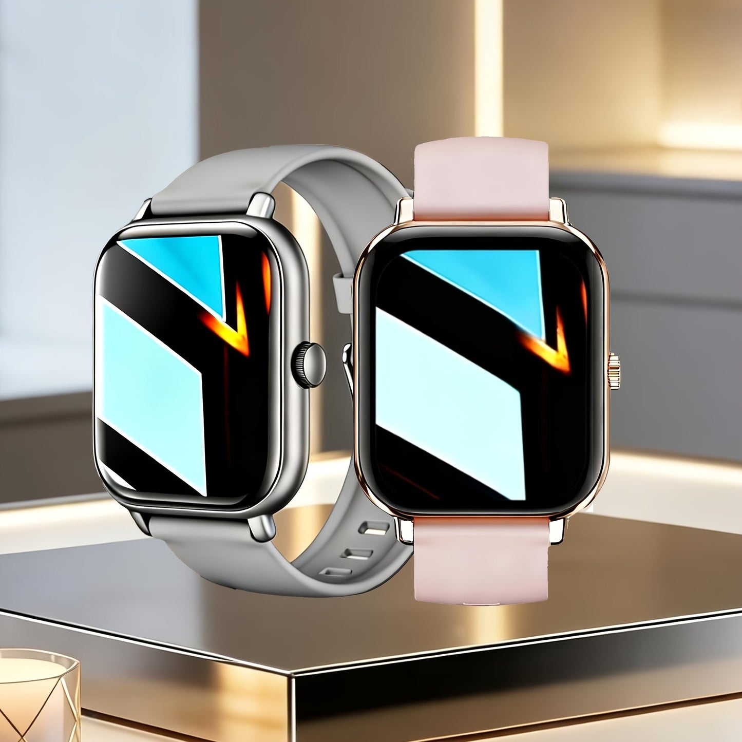 Couple's Set Smartwatch with Voice Assistant – Wireless Calling, Built-in Speaker, Music Control, Fitness Tracker – Matching His & Hers Gift Set Black Pink Silver – iPhone & Android Compatible
